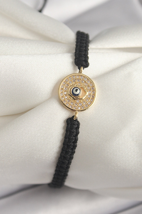 Pirinç Gold Renk Zirkon Taşlı Nazar Boncuk İşleme Makrome Asansörlü Model Kadın Bileklik - TJ-BB6789