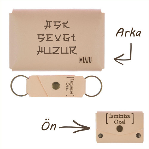 Pudra Renk, Aşk Sevgi Huzur Yazılı İsme Özel, Cüzdan Ve Anahtarlık Set, Herkese Uygun Hediyelik Set