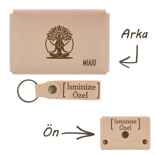 Pudra Renk, Bolluk, Bereket Ağacı İsme Özel Cüzdan Ve Anahtarlık Set, Ona Çok Özel, Unutulmaz Hatıra