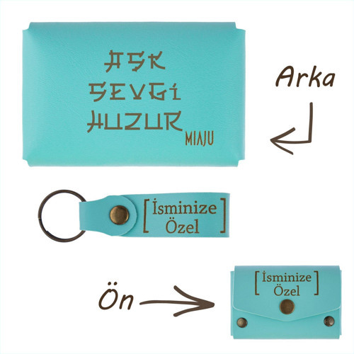 Turkuaz, Aşk Sevgi Huzur Yazılı İsme Özel, Cüzdan Ve Anahtarlık Set, Sevgiliye Hediyelik Sürpriz