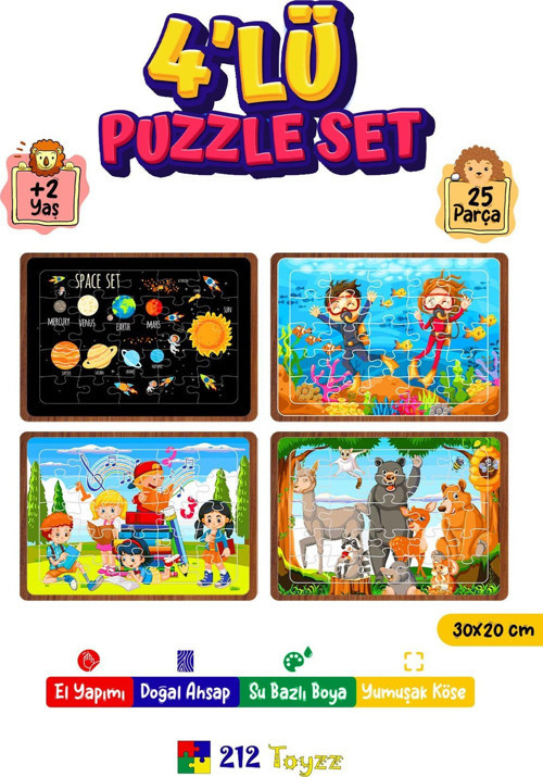 Çocuklar Için Eğitici Ve Öğretici Ahşap 25 Parça Renkli Puzzle 4Lü Set 5