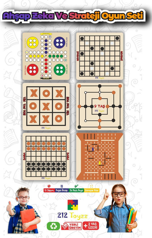 Ahşap Zeka Ve Strateji Oyun Seti 6 Ad Reversi-Kızma Birader-Dama-Tic Toc Toe-Koridor Oyunu