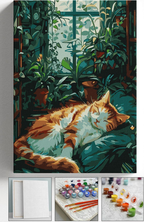 Sayılarla Boyama Tuval Seti Fırça Boya Dahil (Çıtalı) 40X50 Cm - Uyuyan Kedi