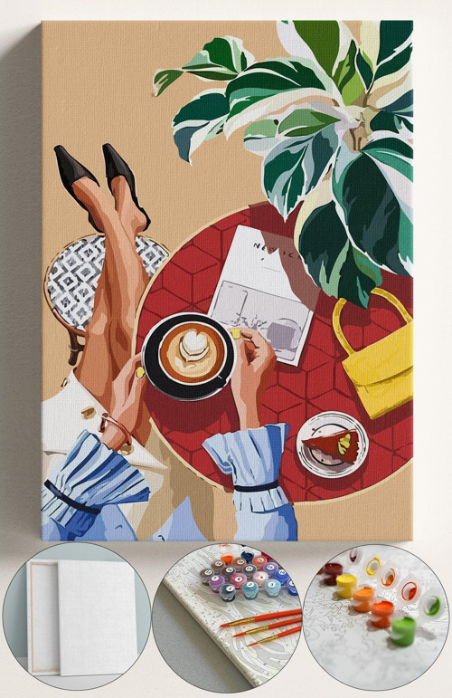 Sayılarla Boyama Çerçeveli Hobi Seti Numaralı Tuval Fırça Boya Kasnaklı 40X50Cm Kahve İçen Kadın