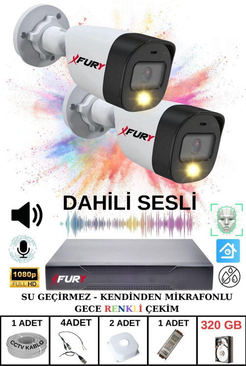 2 li Sesli Gece Renkli Görüş Güvenlik Kamerası Su Geçirmez Güvenlik Kamerası Seti 320GB