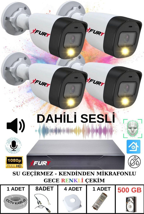 4 LÜ Sesli Gece Renkli Görüş Güvenlik Kamerası Su Geçirmez Güvenlik Kamerası Seti 500GB