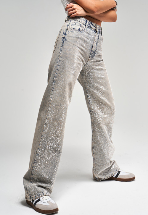 Kadın T.Kot Rengi T-4S5-90 Parlak Taşlı %100 Koton Tasarım Straight Fit Denim Jean