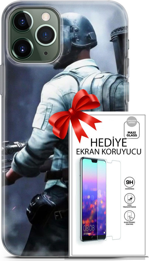 Apple İphone 11 Pro Max Kılıf Orijinal Seri Pubg 11 Sırt Çantalı 4K Baskılı Kılıf + Ekran Koruyucu F
