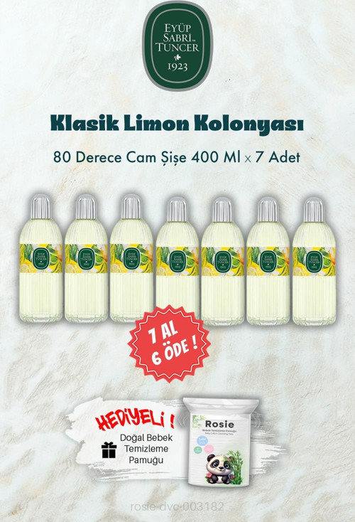 400 ML Cam Şişe 80 Derece Klasik Limon Kolonyası 7 AL 6 ÖDE ve ROSIE Hediye