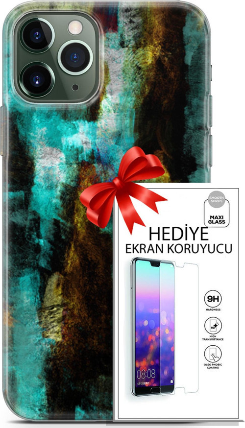 Apple İphone 11 Pro Max Kılıf Orijinal Seri Nature 12 Kahve Yeşil Tasarım Kılıf + Ekran Koruyucu
