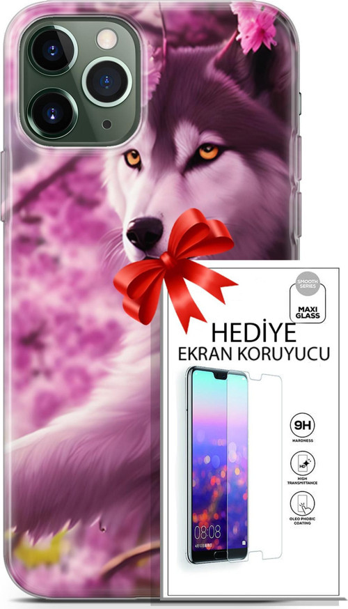 Apple İphone 11 Pro Max Kılıf Orijinal Seri Dogs 02 Çiçekler Ve Kurt Kapak Ve Ekran Koruyucu