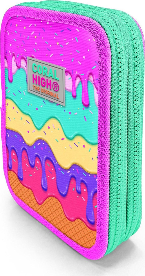 Coral High Kids Pembe Rengarenk Dondurma Desenli Çift Katlı Kalem Çanta 11131 2