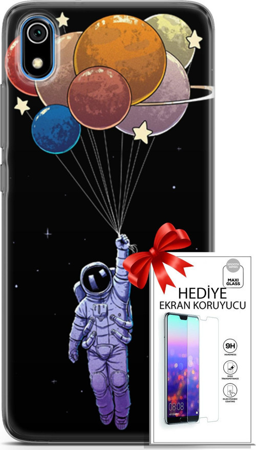 Xiaomi Redmi 7A Kılıf Orijinal Seri Algorand 07 Uçan Balon Astronot Desenli Kılıf + Ön Ekran Koruyucu