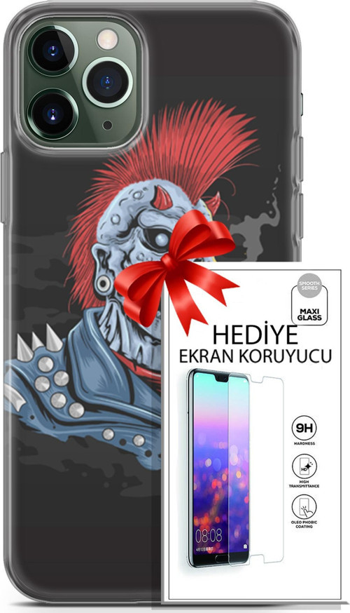 Apple İphone 11 Pro Max Kılıf Orijinal Seri Punky 04 Punk Skeleton Silikon Kılıf + Ekran Koruyucu