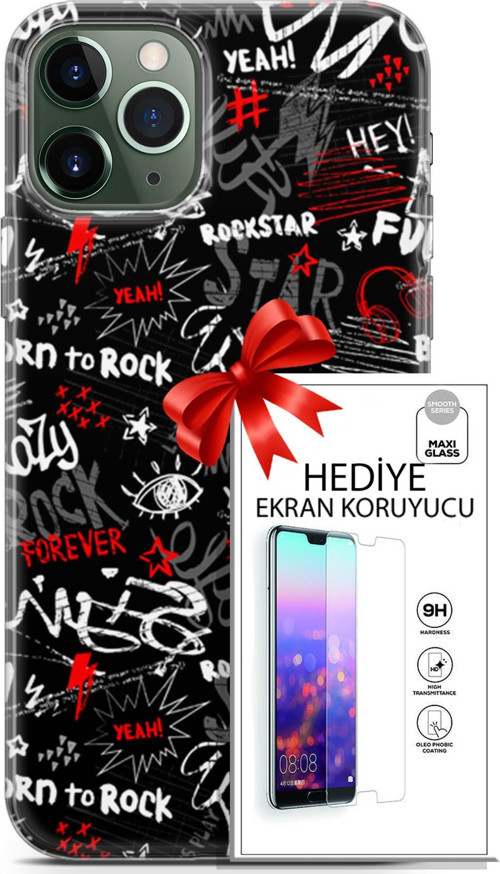 Apple İphone 11 Pro Max Kılıf Orijinal Seri Punky 25 Yeah Rock Soyulmayan Kılıf + Ekran Koruyucu Ful