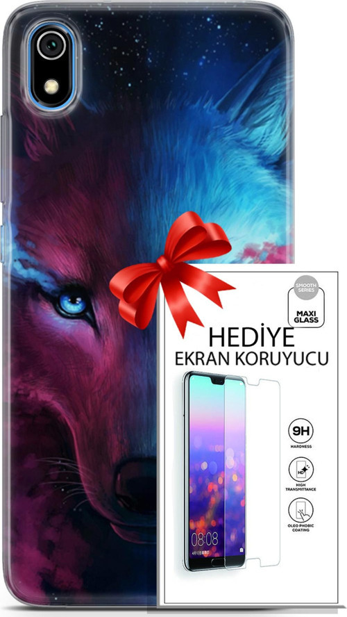 Xiaomi Redmi 7A Kılıf Orijinal Seri Cardano 18 Mavi Turuncu Göz Parlak Kılıf + Ekran Koruyucu Full Koruma