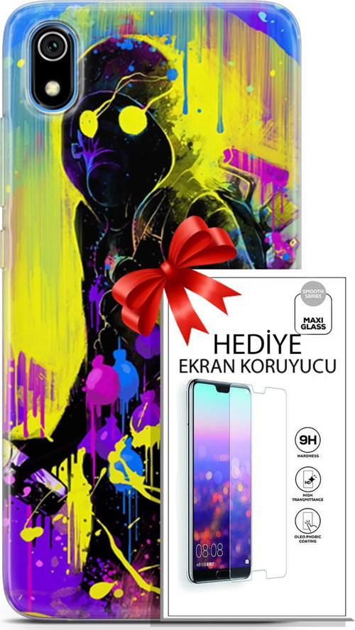 Xiaomi Redmi 7A Kılıf Orijinal Seri Cardano 19 Sarı Mavi Mor Tam Koruma Kılıf + Ekran Koruyucu