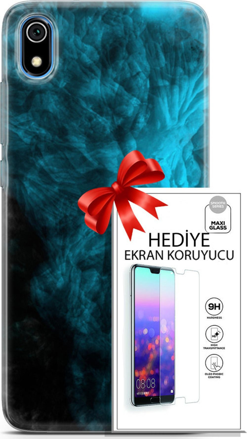 Xiaomi Redmi 7A Kılıf Orijinal Seri Nature 15 Mavi Taşlar Kalın Silikon + Ekran Koruyucu