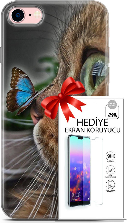 Apple İphone 7 - 8 Kılıf Orijinal Seri Scotish-British 12 Munchkin Kelebek Tasarım Kılıf + Ekran Koruyucu