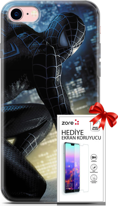 Apple İphone 7 - 8 Kılıf Orijinal Seri Supers 21 Spider Man Duvar Kağıdı Darbe Önleyici Kapak + Ön Ekran Koruyucu