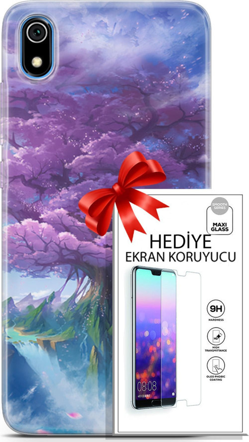 Xiaomi Redmi 7A Kılıf Orijinal Seri Fantasy 27 Bahar Ağaç Lazer Kesim Silikon Ekran Koruyucu