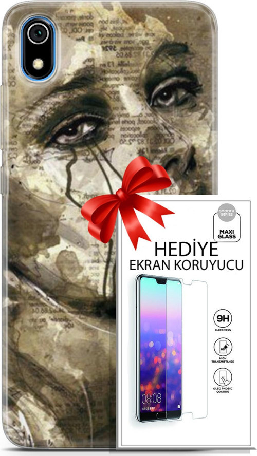 Xiaomi Redmi 7A Kılıf Orijinal Seri Soul 17 Ağlayan Yüz Yumuşak Kılıf + Ekran Koruyucu
