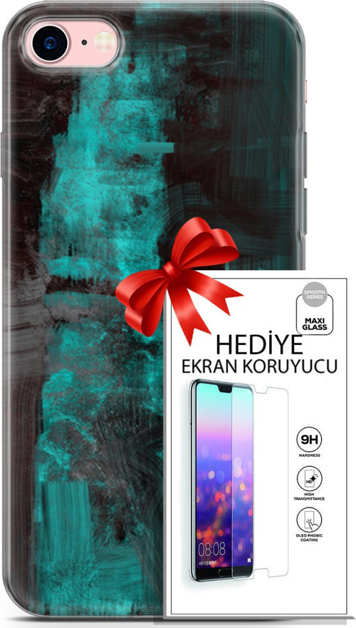 Apple İphone 7 - 8 Kılıf Orijinal Seri Nature 11 Yeşil Siyah 4K Baskılı Kılıf + Ekran Koruyucu Full