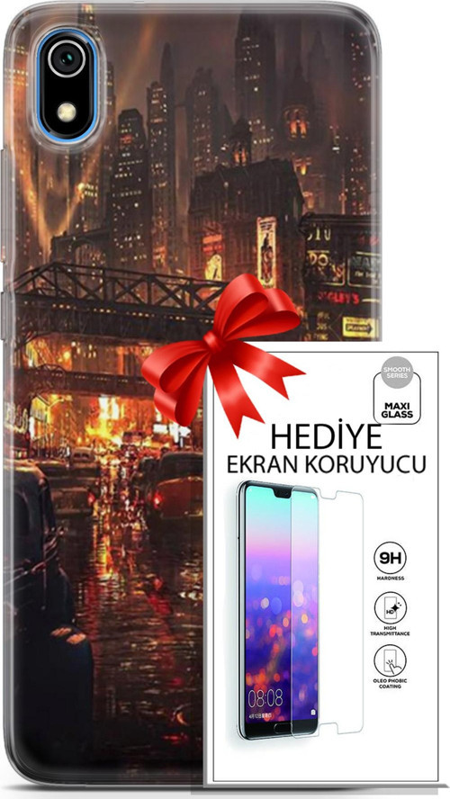 Xiaomi Redmi 7A Kılıf Orijinal Seri Cyberpunk 23 Gökdelenler Telefon Kabı Ve Ekran Koruyucu