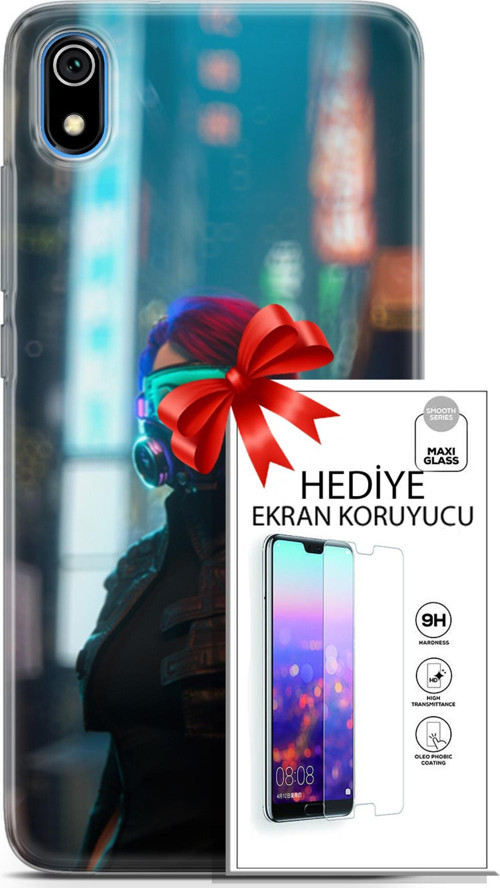 Xiaomi Redmi 7A Kılıf Orijinal Seri Cyberpunk 04 Vr Glass Silikon Kılıf + Ekran Koruyucu Full Koruma