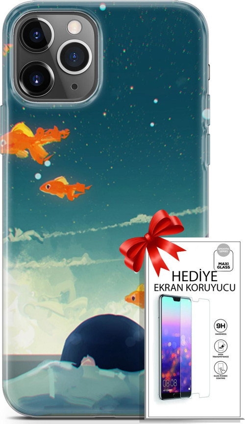 Apple İphone 11 Pro Kılıf Orijinal Seri Algorand 29 Uçan Balıklar Leke Tutmaz Kapak + Ekran Koruyucu