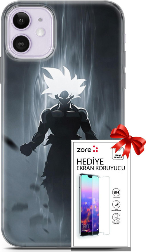 Apple İphone 11 Kılıf Orijinal Seri Supers 27 Dark Goku Lazer Kesim Silikon Ekran Koruyucu