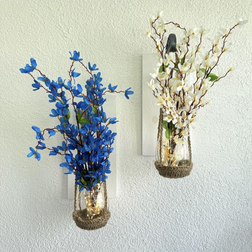 Duvar Dekoru, Led Işıklı, Mavi Ve Beyaz Sakura Çiçekli, Beyaz Aplik İkili Set