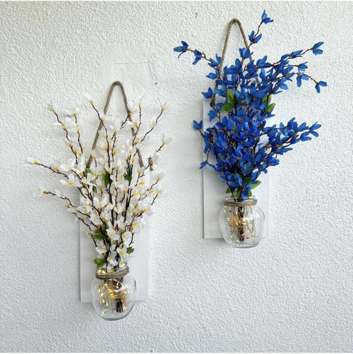 Led Işıklı, Mavi Ve Beyaz Sakura Çiçekli Duvar Dekoru Beyaz İkili Set