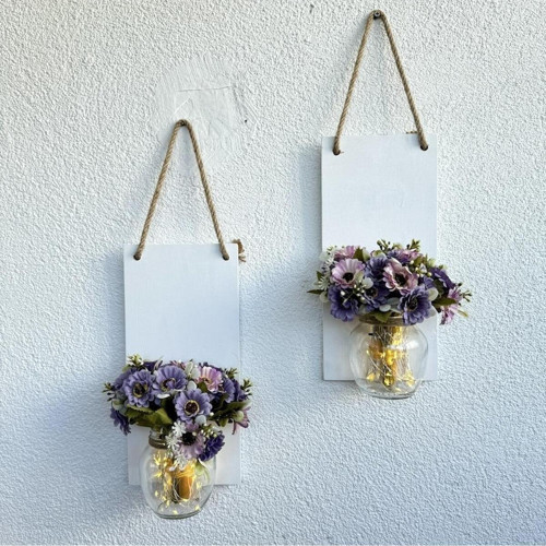 Led Işıklı, Pastel Lila Papatya Çiçekli Duvar Dekoru Beyaz İkili Set