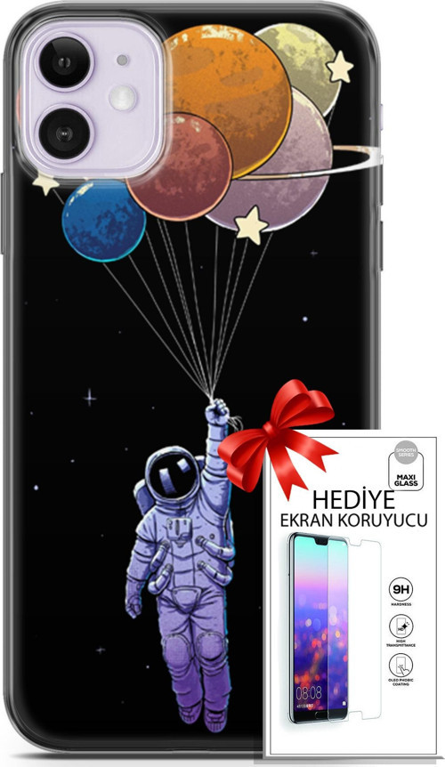 Apple İphone 11 Kılıf Orijinal Seri Algorand 07 Uçan Balon Astronot Desenli Kılıf + Ön Ekran Koruyucu
