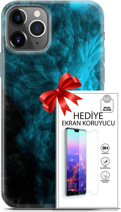 Apple İphone 11 Pro Kılıf Orijinal Seri Nature 15 Mavi Taşlar Kalın Silikon + Ekran Koruyucu