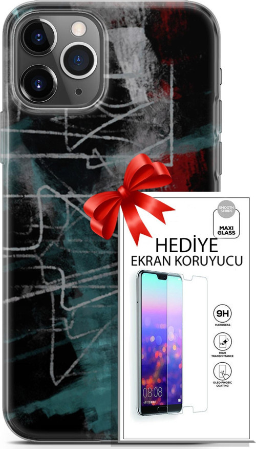 Apple İphone 11 Pro Kılıf Orijinal Seri Nature 07 Gri Çizgiler Desenli Kılıf + Ön Ekran Koruyucu