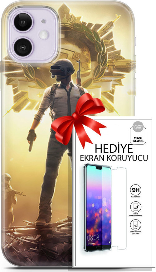 Apple İphone 11 Kılıf Orijinal Seri Pubg 08 Kasklı Baskılı Kılıf + Ekran Koruyucu