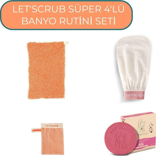 Süper 4'Lü Banyo Rutini Seti 2- Ekru Banyo Kesesi, Gül Özlü Sabun, Yüz Kesesi, Banyo Lifi