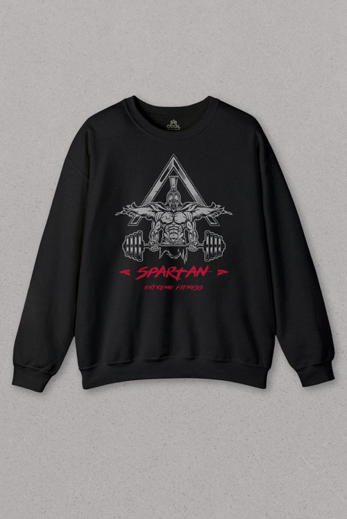 Unisex Siyah Sweatshirt Spartan Extreme Fitness Halter Gym Bodybuilding Baskılı Sweat