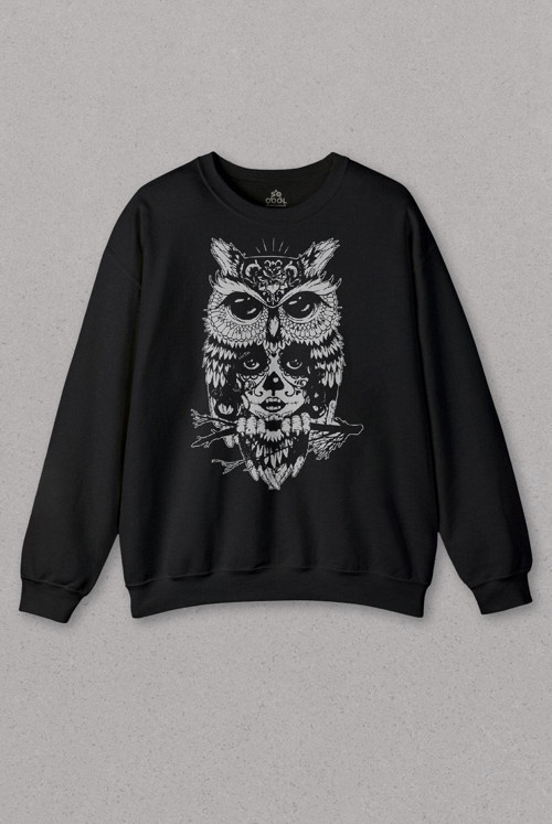 Unisex Siyah Sweatshirt Owl Baykuş Üzgün Kız Güçlü Kadın Baskılı Sweat