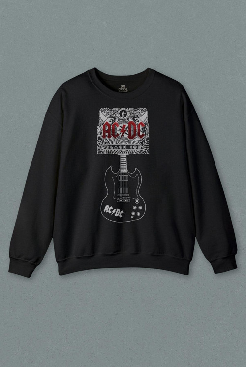 Unisex Siyah Sweatshirt Ac Dc Black Ice Guitar Gitar Rock Music Baskılı Sweat