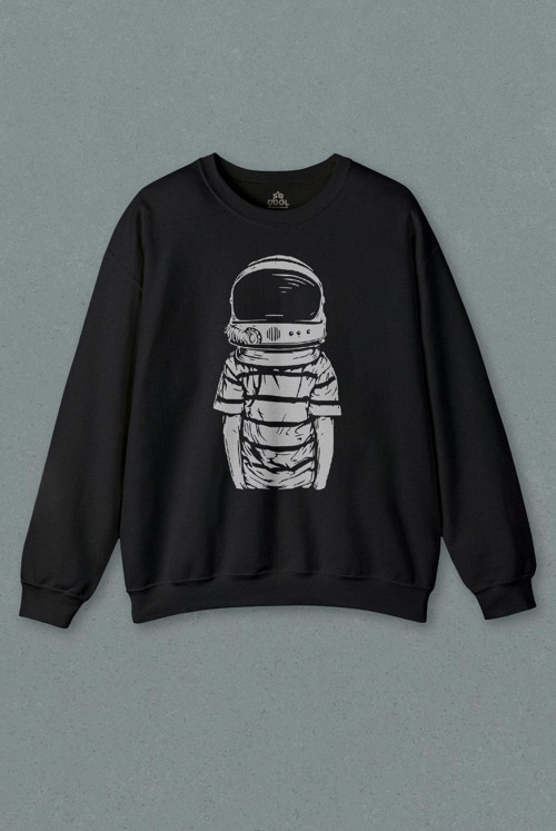 Unisex Siyah Sweatshirt Astronot Cosmos Gezegen Galaksi Uzay Science Baskılı Sweat