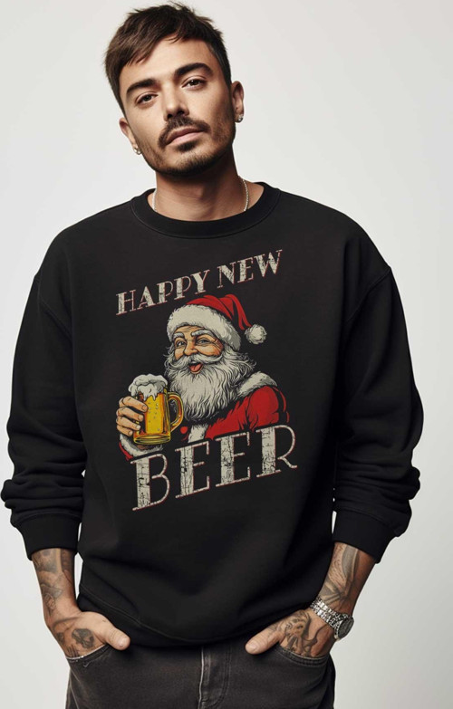 Siyah Sweat Happy New Beer Yeni Yıl Noel Merry Christmas Yılbaşı Sweet Bisiklet Yaka Sweatshirt