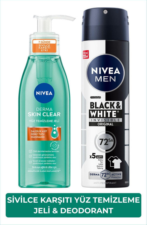 Derma Skin Clear Sivilce Karşıtı Yüz Temizleme Jeli 150ml ve Erkek Sprey Deodorant Black&White 150ml