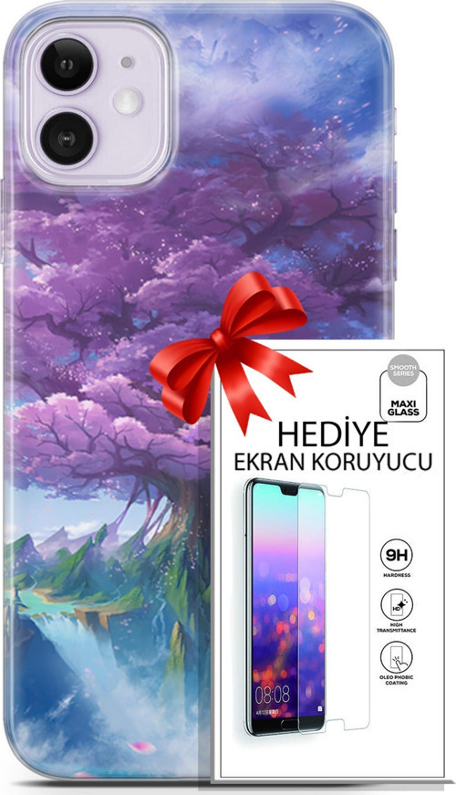 Apple İphone 11 Kılıf Orijinal Seri Fantasy 27 Bahar Ağaç Lazer Kesim Silikon Ekran Koruyucu