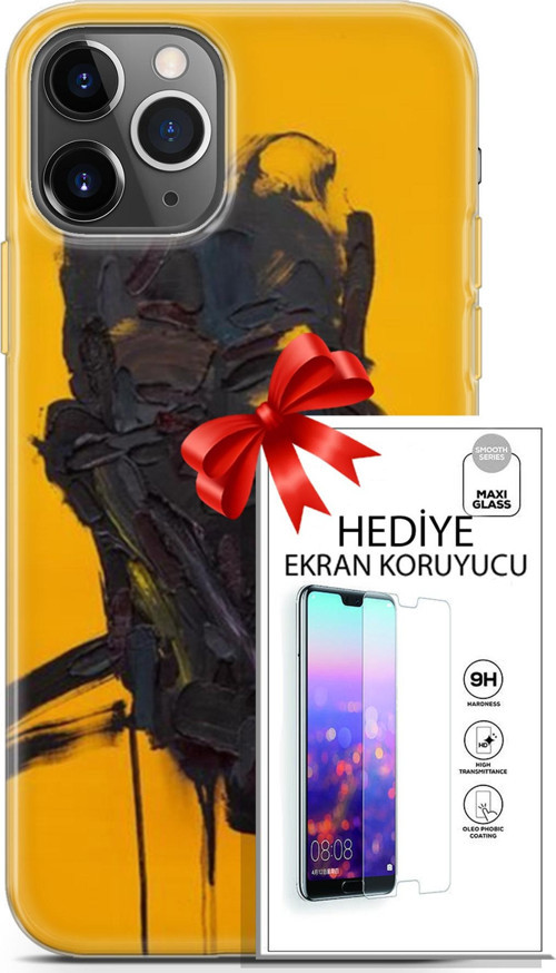 Apple İphone 11 Pro Kılıf Orijinal Seri Soul 07 Sarı Siyah Desenli Kılıf + Ön Ekran Koruyucu