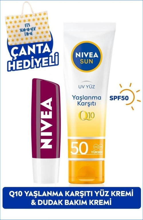 Sun Q10 Yaşlanma Karşıtı Güneş Koruyucu Yüz Kremi 50ml Ve Böğürtlen Dudak Bakım Kremi, Çanta Hediye