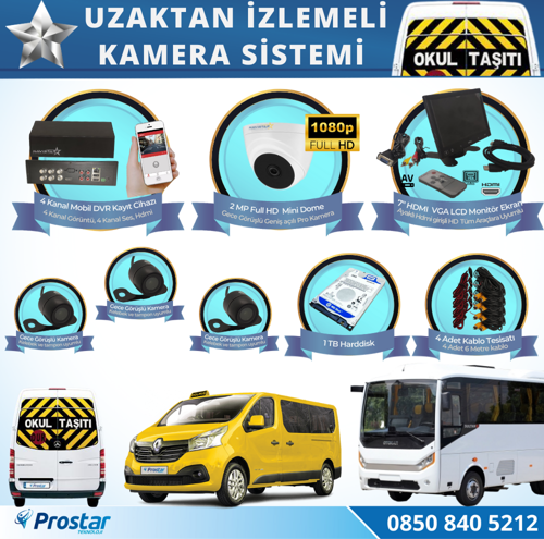 Okul Servis Kamera Sistemi Seti Uzaktan Izlemeli 4 Kameralı 7" Hdmi Monitör 1 Tb Harddisk Dahil