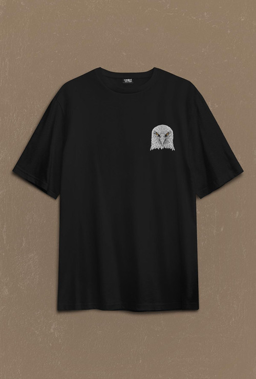Black Oversize T-shirt Kara Kartal Eagle Tasarım Sırt Ön Baskılı Tişört Unisex T-Shirt